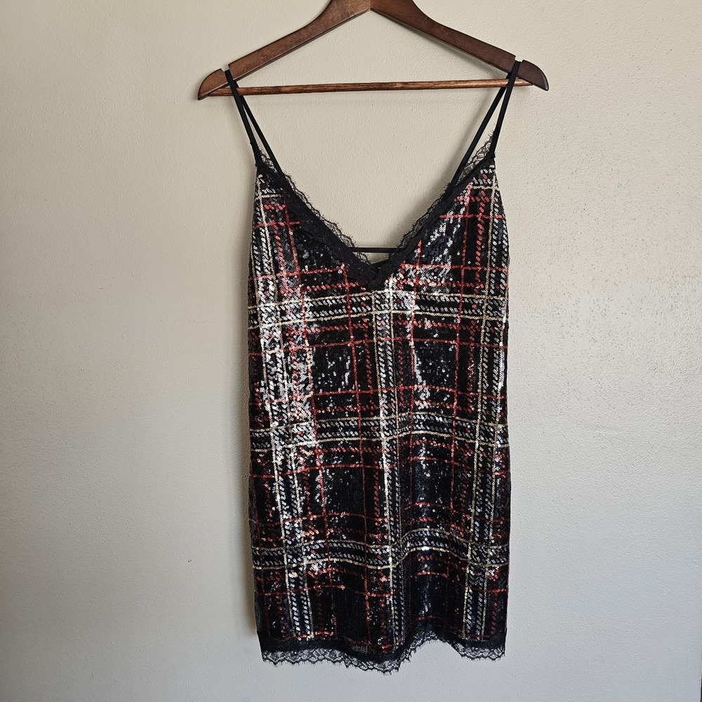 Victoria's‎ Secret Womens Large Tartan Plaid Sequin Lace Trim Slip Dress Black